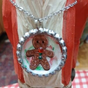 Silver and Brown Gingerbread Pendant Necklace